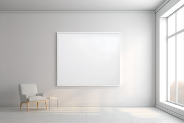 Empty white room with empty frame poster in white wall and chair ,  window ,modern interior  design ,  floor, mockup ,product , studio , room