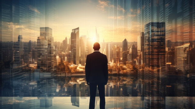 close up double exposure image of the business man standing back during sunrise overlay with cityscape image. The concept of modern life, business, city life and internet of things
