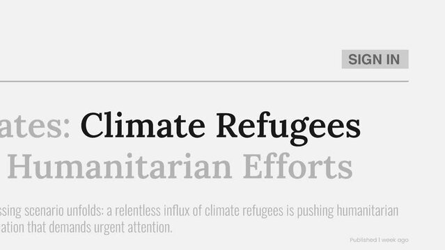Term 'Climate refugees' highlighted on FAKE headlines news publications. Titles on white background. Can be used for editorial AND non editorial content as everything is 100% fake