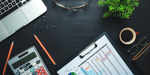 accounting work space with calculator, profit and tables on dark desk top view mock-up