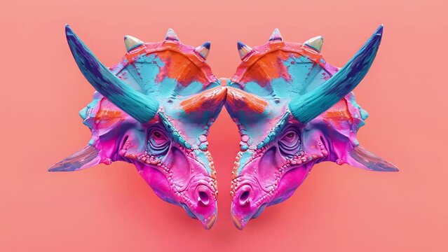An eyecatching display of intertwined Triceratops horns painted in vibrant colors symbolizing the concept of unity and interconnectedness.