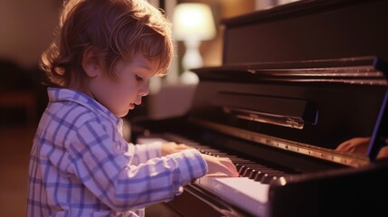 adorable little boy playing white piano in light room ,black ground has some low sunlight