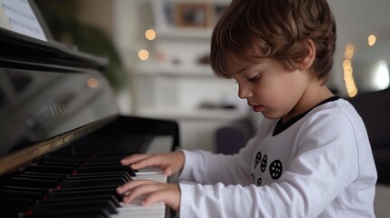 adorable little boy playing white piano in light room ,black ground has some low sunlight