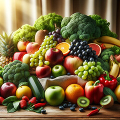 Various healthy foods including fruits and vegetables