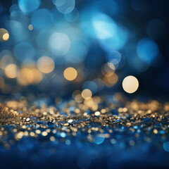 Experience the joy of New Year's Eve with this festive blue and gold abstract background, illuminated with glittering bokeh. The stylish and trendy composition is AI generative.