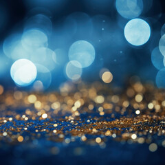 Step into the magical atmosphere of New Year's Eve with this elegant blue and gold abstract background, creating a festive mood with sparkling bokeh. The modern and stylish design is AI generative.