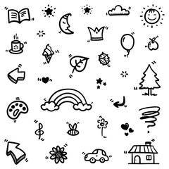 hand drawn doodle abstract of Black Thin Line Set Include of objects and nature in Vector illustration
