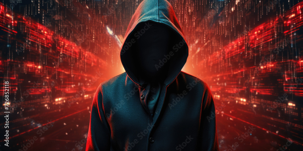 Wall mural Anonymous hacker man in front with black sweatshirt and hoodie, surrounded by red glowing data network on virtual space background. Cybersecurity, cyberattack, cybercrime concept. Generative AI. - Wall murals