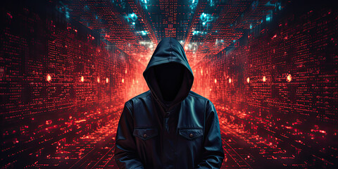 Anonymous hacker or programmer man in front with black sweatshirt and hoodie, surrounded by red glowing code data network on virtual space background. Cybersecurity, cyberattack, cybercrime concept.