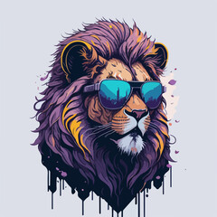 A lion with sunglasses and a trendy vibe takes center stage in this imaginative t-shirt design, set against a lush and enchanting flora.