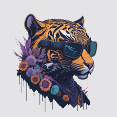 This stylish tiger rocks sunglasses and a chic outfit, surrounded by colorful flora in a fantasy world.
