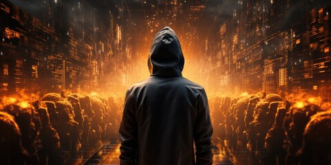 Anonymous programmer hacker man from back with black sweatshirt and hoodie, surrounded by orange glowing big data network on virtual space background. Cybersecurity, cyberattack, cybercrime concept.