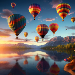 Colorful hot air balloons ascending at dawn.