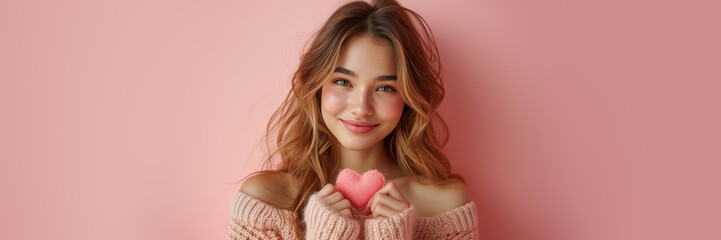 Female portrait of beautiful young white cheerful blonde woman in warm woolen sweater, bare shoulders, holding small handmade soap in shape of heart in hands on pink background. Horizontal banner. 