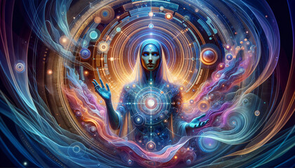Futuristic human interacting with holographic interface in virtual environment.