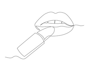 Continuous single line sketch drawing of beautiful woman lips painted with lipstick make up skin care. One line art of cosmetic collection vector illustration