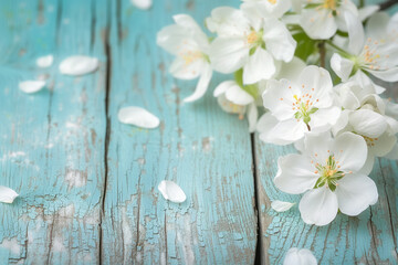 Spring border or background art with white blossom. Beautiful nature scene with blooming tree and turquoise rustic wood backdrop in green and teal colour. Easter concept by Vita