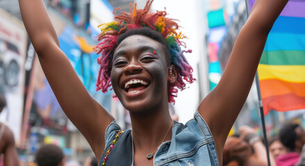 An African American woman celebrating at a march for LGBT rights.