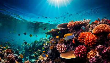 Underwater reef fish in nature, coral below tropical climate generated by AI