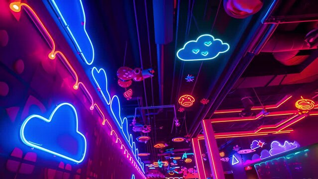 The ceiling is adorned with a neon Super Mario Bros. level complete with pixelated clouds and pipes.
