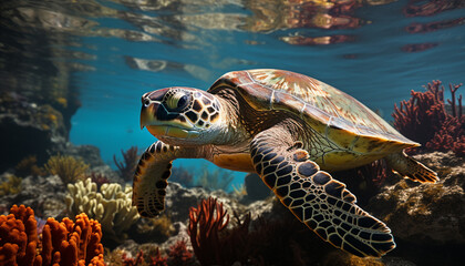 Underwater turtle swimming in blue sea, surrounded by coral reef generated by AI - obrazy, fototapety, plakaty