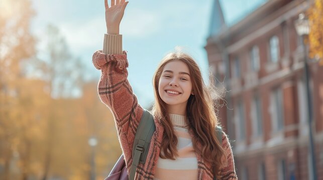 Photo of cheerful glad positive girl raise hand walk after university lectures relax rest free time spring outside