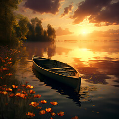 Sunset over a tranquil lake with a rowboat.