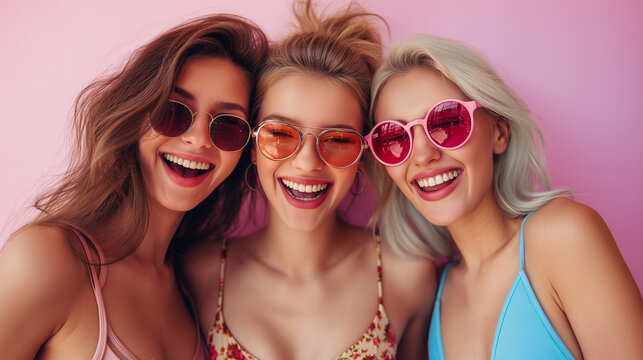  smiling women in black sunglasses, showcasing fashion and beauty, enjoying a summer day together with happiness and love, creating a fun and stylish image