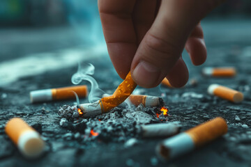 A hand picks up cigarette butts from the asphalt. Problems with alcohol and drugs concept. Background - obrazy, fototapety, plakaty