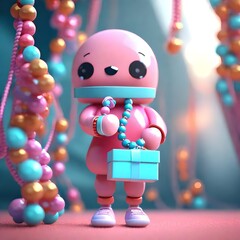 cinematic scene of a kawaii bead walking and carrying beaded bracelets and strings in its hands and...