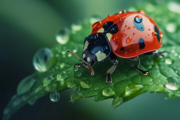Ladybug in early spring. Background with selective focus and copy space