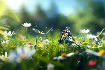 Butterfly on a spring meadow. Background with selective focus and copy space - Powered by Adobe