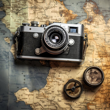 Vintage film camera on a weathered map. --v 5.2