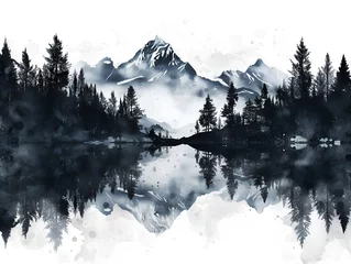 Papier Peint photo Paysage fantastique mountain landscape  with fog, pine tree forest, watercolor style