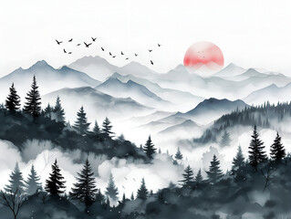mountain landscape  with fog, pine tree forest, watercolor style