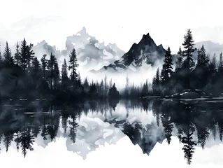 Wandaufkleber Wald im Nebel mountain landscape  with fog, pine tree forest, watercolor style