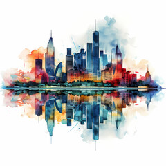 Watercolor-style city skyline with reflections. 