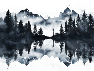 mountain landscape  with fog, pine tree forest, watercolor style