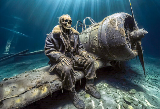 Still dressed in his WW2 leather bomber jacket and uniform a World War 2 sits near the remains of his crashed fighter plane at the bottom of the sea 