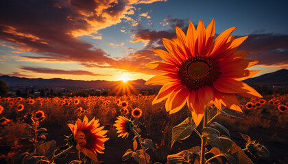 Sunflower in nature, yellow sunset, summer flower, vibrant beauty generated by AI