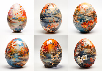 A unique set of colorful easter egg designs / artwork (Impressionism style inspired by Monet, Degas, Manet). 6 creative easter egg designs on isolated, white background. 