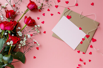 Envelope and blank cards on pink background with rose flower and heart. Invitation letter writing. Greeting cards for Mother's Day, Women's Day or Valentine's Day. Mockup white greeting card.