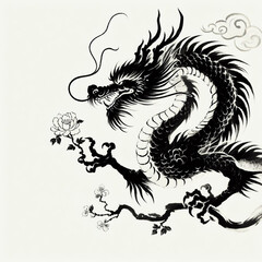 Chinese ink style of dragon zodiac sign with flower lantern asian elements