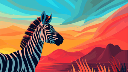Fototapeta na wymiar Vector background of a spirited zebra in a surreal landscape with bold stripes and vibrant colors reflecting the energetic and untamed nature of this iconic African animal. simple minimalist