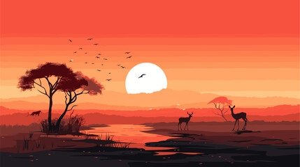 Vector illustration of an African savannah at sunrise  where animal spirits roam freely  embodying the essence of the diverse wildlife in a mystical setting. simple minimalist illustration creative