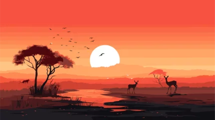Foto op Aluminium Vector illustration of an African savannah at sunrise  where animal spirits roam freely  embodying the essence of the diverse wildlife in a mystical setting. simple minimalist illustration creative © J.V.G. Ransika