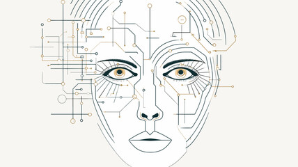 Vector representation of a robotic face with circuitry patterns  symbolizing the consciousness and self-awareness that can emerge within advanced artificial intelligence systems. simple minimalist