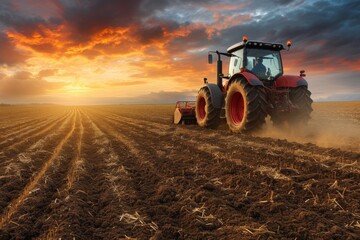Fototapeta premium Tractor in the field. Backdrop with selective focus and copy space