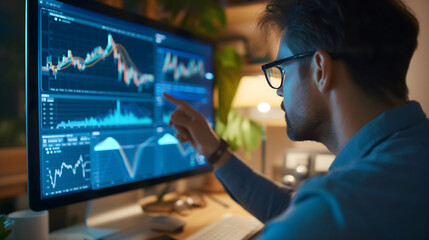 Close up of a trader or analyst with glasses pointing at stock exchange charts and data on a computer monitor in a home office at night.
