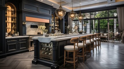 Fototapeta na wymiar Upscale kitchen in luxury home with breakfast bar
